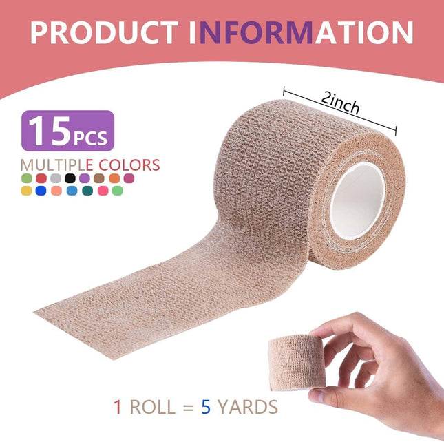 15-Pack Cohesive Bandage Wrap – 2"x5 Yards, Self-Adhesive, Elastic