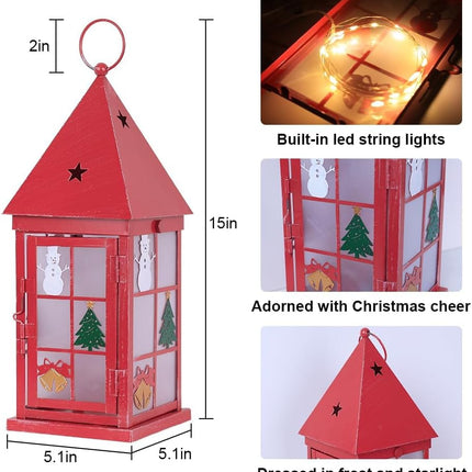Christmas Lantern Decor 15" – Red Metal Candle Holder with Snowman & LED String