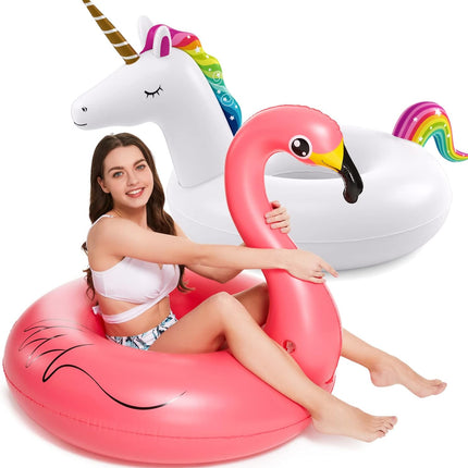 2 Pack Inflatable Unicorn Flamingo Pool Floats Swim Rings for Beach Lake Swimming Adults and Kids