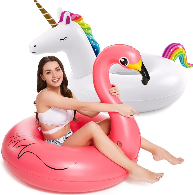 2 Pack Inflatable Unicorn Flamingo Pool Floats Swim Rings for Beach Lake Swimming Adults and Kids