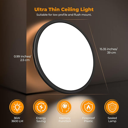 Black LED Flush Mount Ceiling Light, 15.4", Dimmable with Remote for Living Room