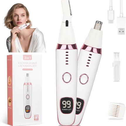 2-in-1 Nose & Ear Hair Trimmer, USB Rechargeable LED Facial & Brow Groomer, Pink