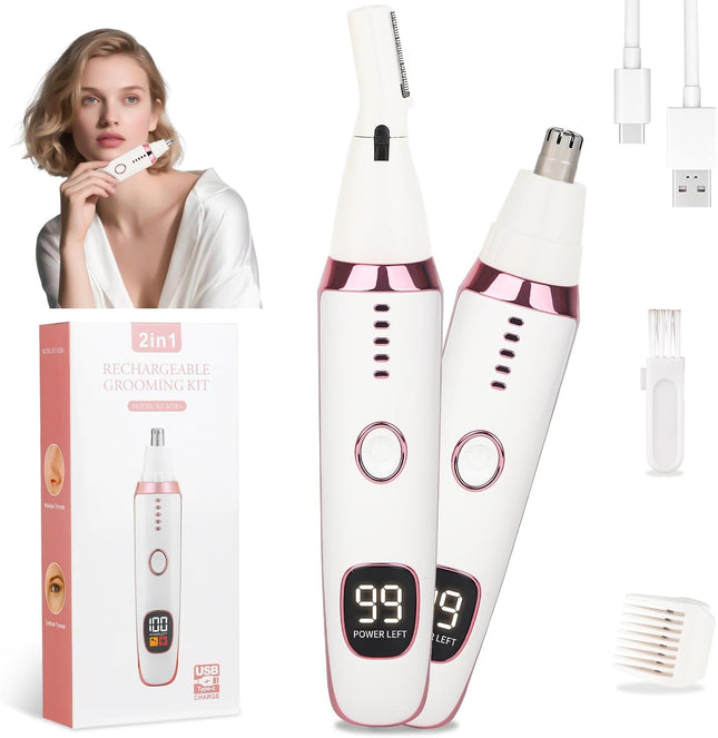 2-in-1 Nose & Ear Hair Trimmer, USB Rechargeable LED Facial & Brow Groomer, Pink