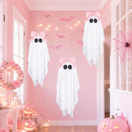 3-Piece 29.9in Pink Bow Halloween Hanging Ghosts, Cute Porch & Yard Party Decor