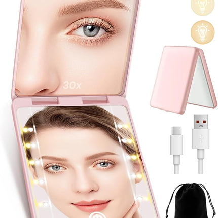 30X Magnifying Compact Makeup Mirror with Light, Rechargeable, 3 Lighting Modes, Pink