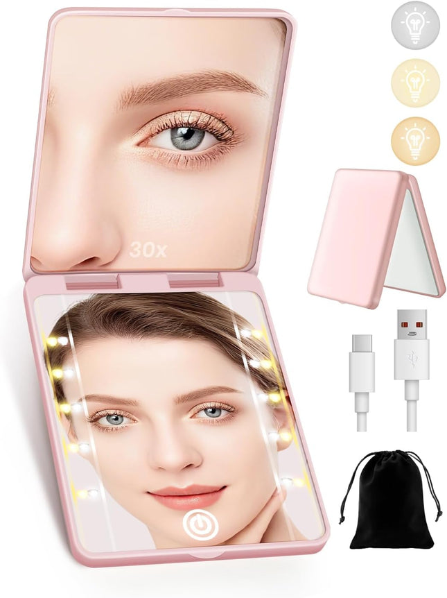 30X Magnifying Compact Makeup Mirror with Light, Rechargeable, 3 Lighting Modes, Pink