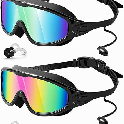 Swim Goggles 2 Pack Wide View Anti-Fog & UV Protection for Adults and Kids