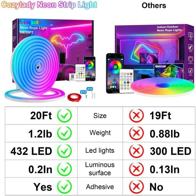 20FT RGB Neon LED Rope Light with App Remote Control Music Sync for Room Decor