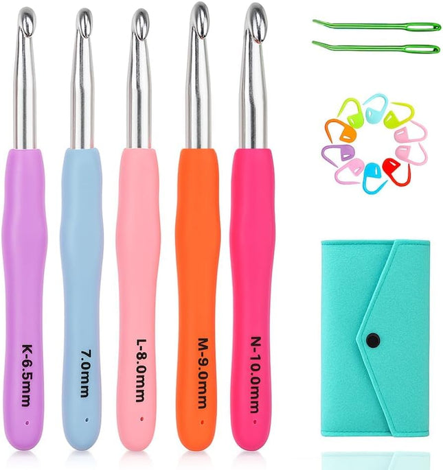 5 Pack Large Ergonomic Crochet Hooks Set, 6.5mm-10mm Aluminum Needles Chunky Yarn