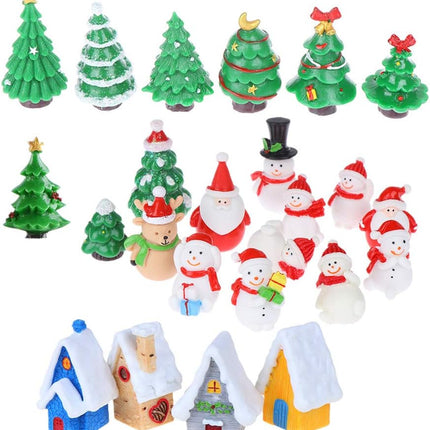 24 PCS Miniature Resin Christmas Figurines Tree Snowman Santa House Crafts