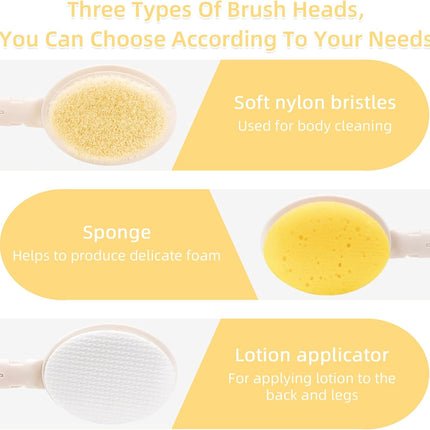 19" Long Handle 3-in-1 Shower Brush, Body Scrubber, Bath Sponge & Lotion Applicator