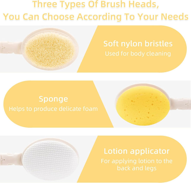 19" Long Handle 3-in-1 Shower Brush, Body Scrubber, Bath Sponge & Lotion Applicator