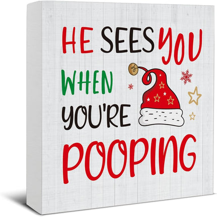Christmas Humor Bathroom Sign – Wooden Xmas Decor for Shelf or Desk, 5x5”