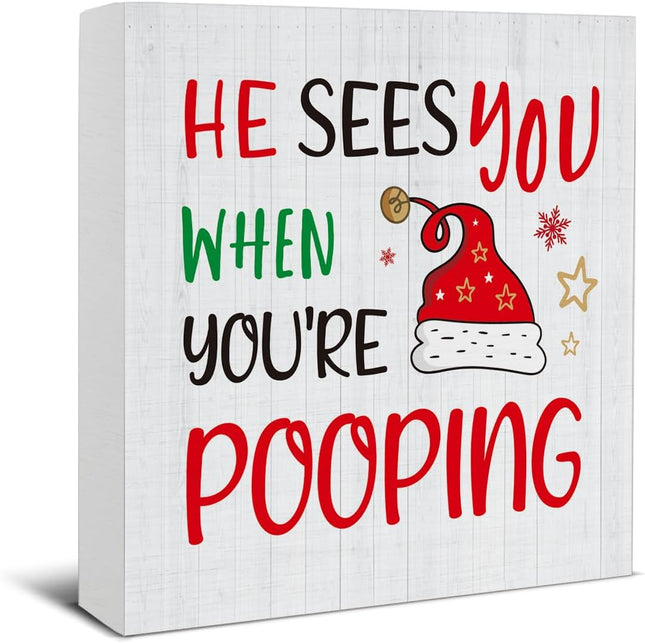 Christmas Humor Bathroom Sign – Wooden Xmas Decor for Shelf or Desk, 5x5”
