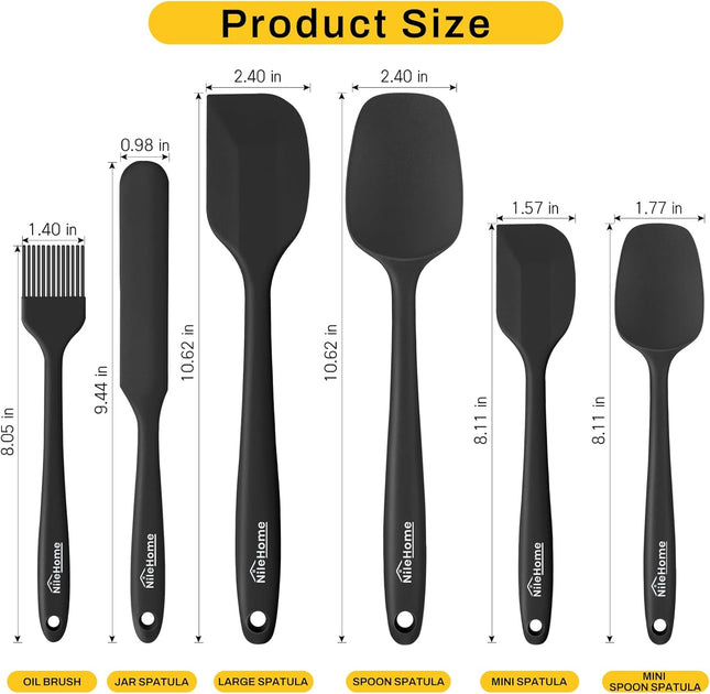 6 Pc Silicone Spatula Set Black Heat Resistant Baking Cooking Utensils BPA Free