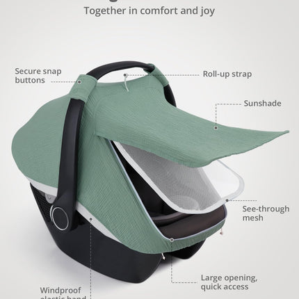 Muslin Baby Car Seat Cover Infant Canopy Roman Green Breathable Mesh Window 360°