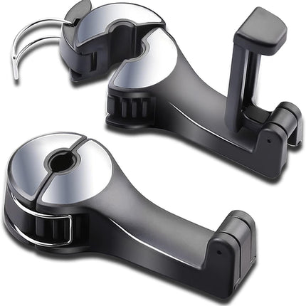 Car Headrest Hook with Phone Holder, Universal 360° Rotating Bag Hanger, Silver