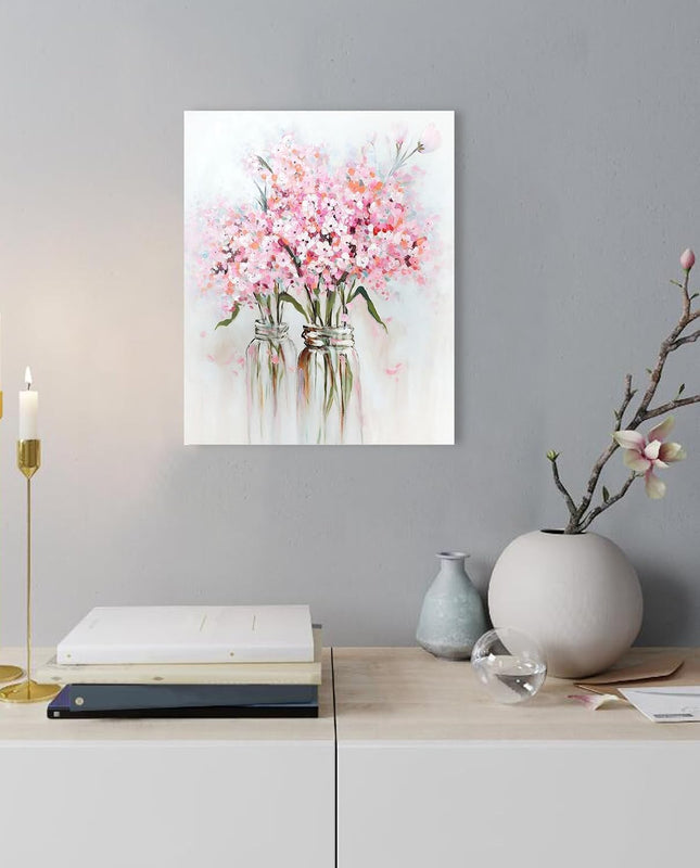 Pink Flowers Canvas Wall Art 12x15 Inch, Abstract Floral Bouquet in Vase Decor