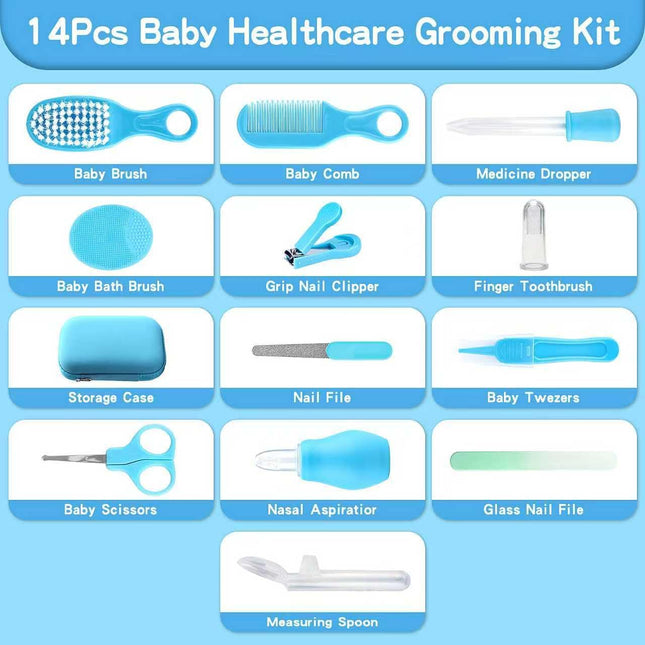 Baby Grooming Kit 14-in-1 – Safety Set for Newborns, Hair Brush, Nail Clippers (Blue)