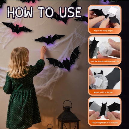12-Pack 3D LED Bat Halloween Wall Decor, Light-Up Stickers for Indoor Party Decor