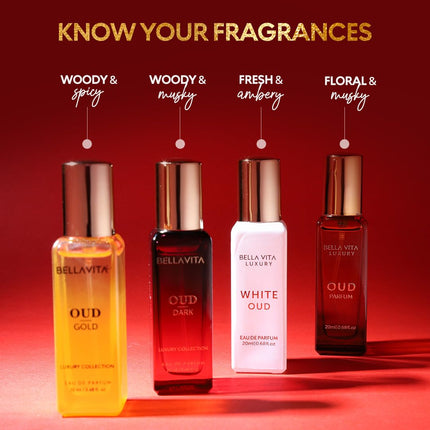BellaVita Luxury Mini Oud Perfume Set Unisex 4 x 20ml Eau de Parfum Gift Collection