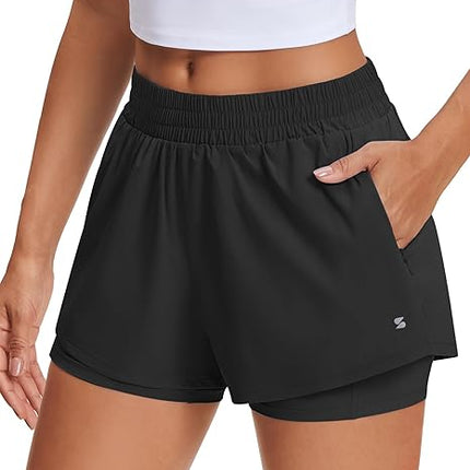 Women's 2 in 1 Running Shorts High Waisted Workout Shorts with Pockets