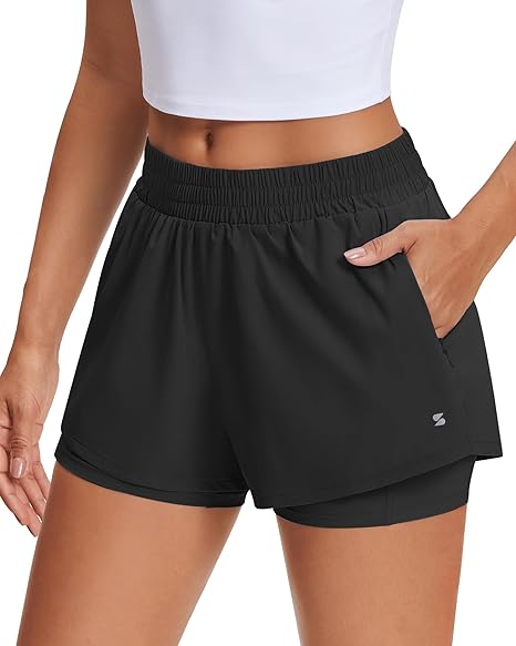 Women's 2 in 1 Running Shorts High Waisted Workout Shorts with Pockets