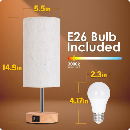 Bedside Touch Table Lamp with USB – 3-Way Dimmable, Wood Base