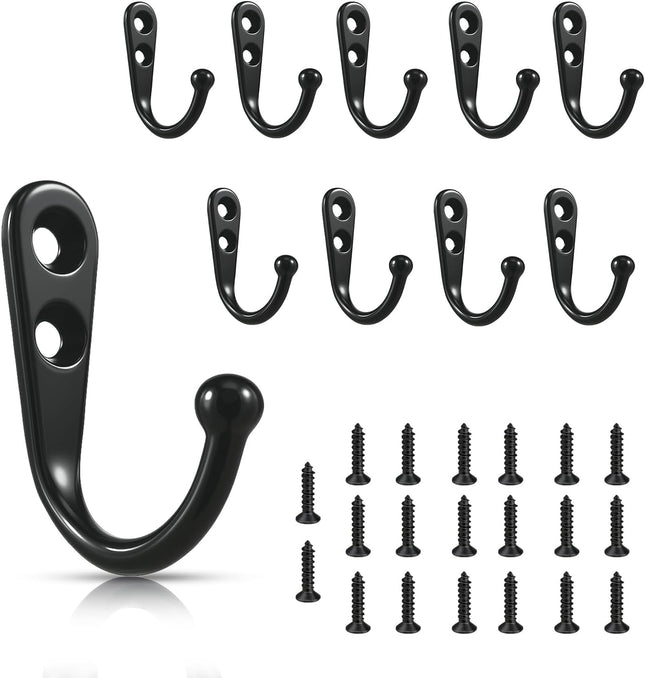 10 Pack Black Wall Hooks – Rustproof Metal, Screws Included, Versatile Use