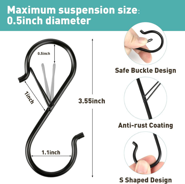 12-Piece S Hooks – 3.5" Heavy Duty Metal with Safety Buckle, Multipurpose