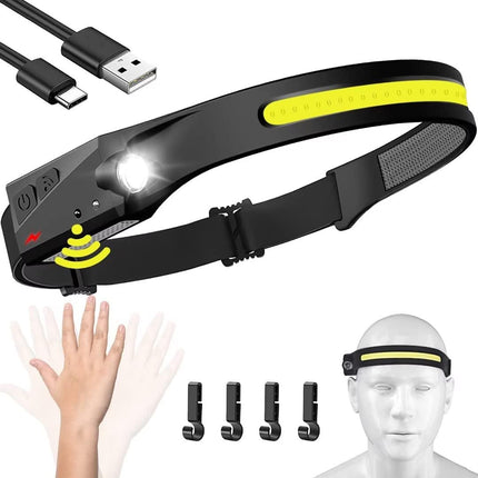 230° Wide Beam Rechargeable LED Headlamp, Motion Sensor, Waterproof Head Light for Adults