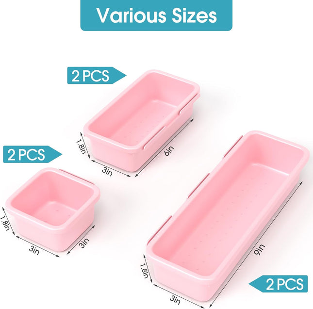 6-Piece Drawer Organizer Set – Interlocking, Non-Slip, Pink for Home & Office