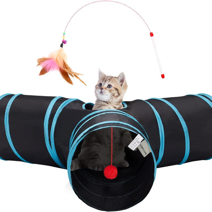 Interactive Cat Tunnel Tube Toy for Indoor Cats with Hanging Ball Black Blue