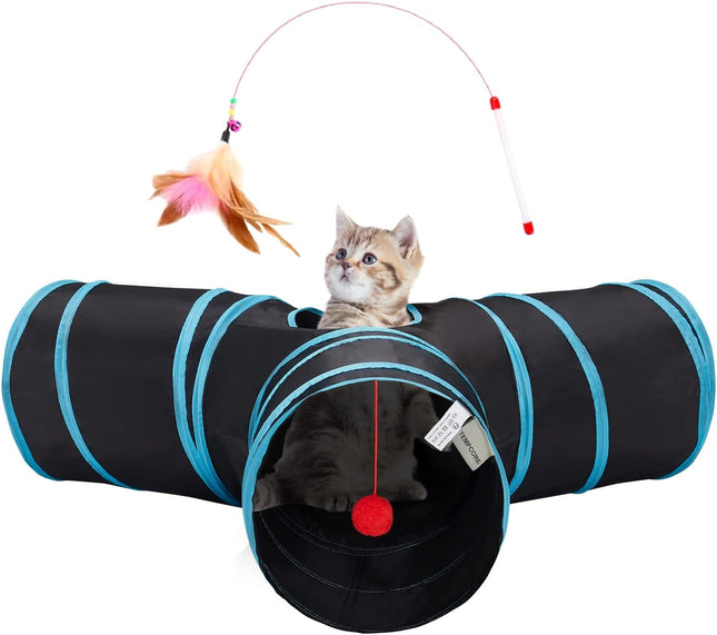 Interactive Cat Tunnel Tube Toy for Indoor Cats with Hanging Ball Black Blue