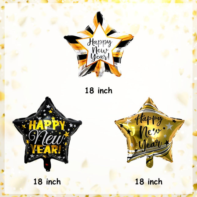 9-Piece Happy New Year Balloons – Black & Gold Star Foil Party Supplies