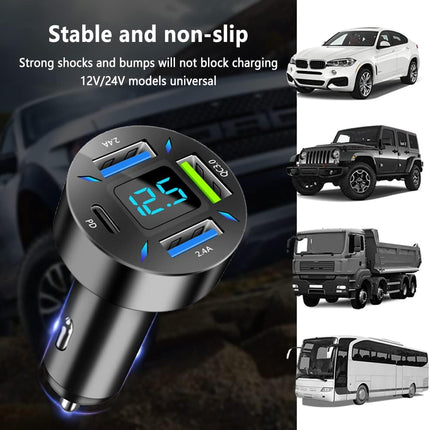 4 Port USB Car Charger with Voltmeter, PD & QC Fast Charging Adapter