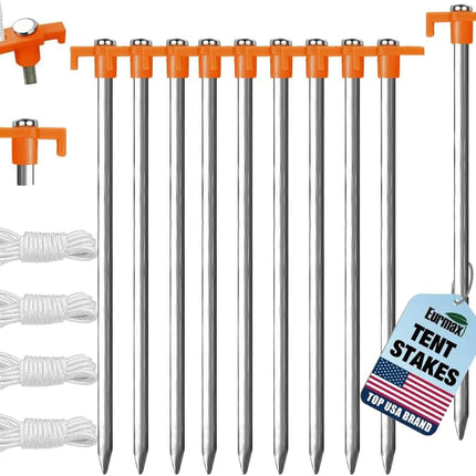 10 Pack Galvanized Tent Stakes Heavy Duty Ground Pegs with 10FT Ropes