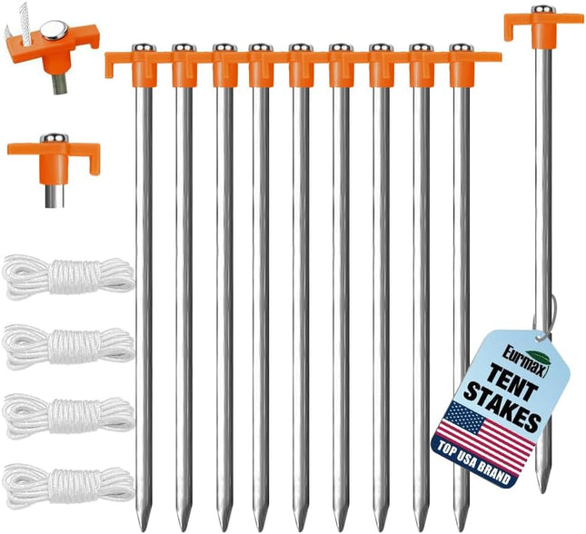 10 Pack Galvanized Tent Stakes Heavy Duty Ground Pegs with 10FT Ropes