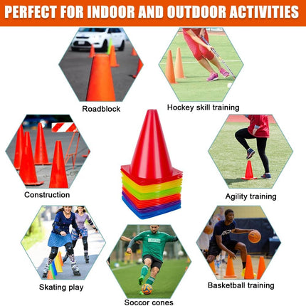 24 Pack 7-Inch Sports Training Cones, 6 Colours, Stackable Plastic Markers with Mesh Bag