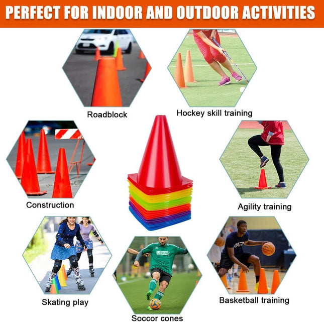 24 Pack 7-Inch Sports Training Cones, 6 Colours, Stackable Plastic Markers with Mesh Bag