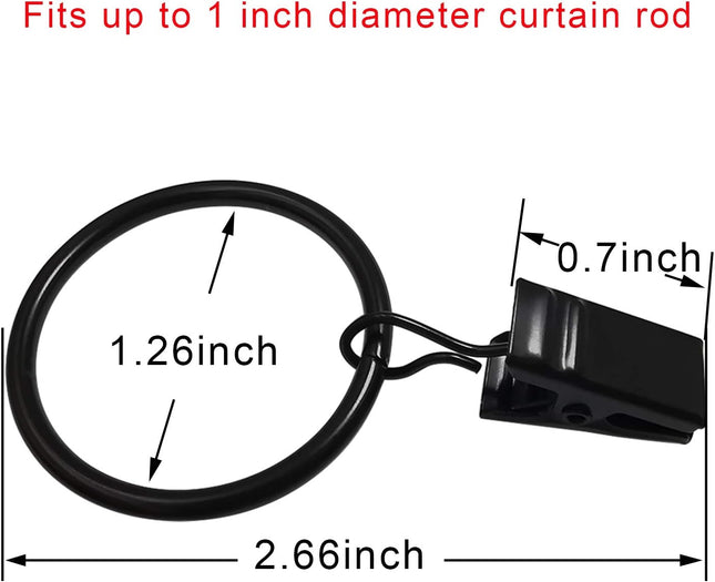 40-Pack Curtain Rings with Clips – 1.26" Inner Diameter, Fits 1" Rod, Black