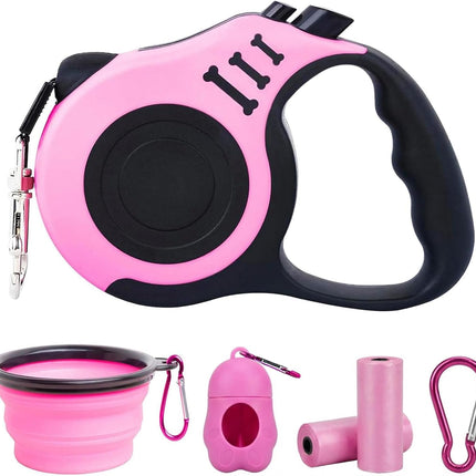 Retractable Dog Leash 16FT with Bowl, Waste Bags, for Small/Medium Dogs (Pink)