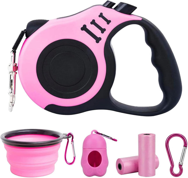 Retractable Dog Leash 16FT with Bowl, Waste Bags, for Small/Medium Dogs (Pink)
