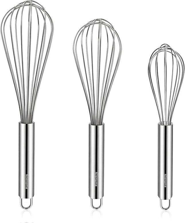 3 Pack Stainless Steel Whisks 8" 10" 12" Balloon Whisk Set for Cooking Baking