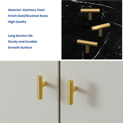 12 Pack Gold Drawer Knobs – Brushed Brass T Bar Cabinet & Dresser Hardware