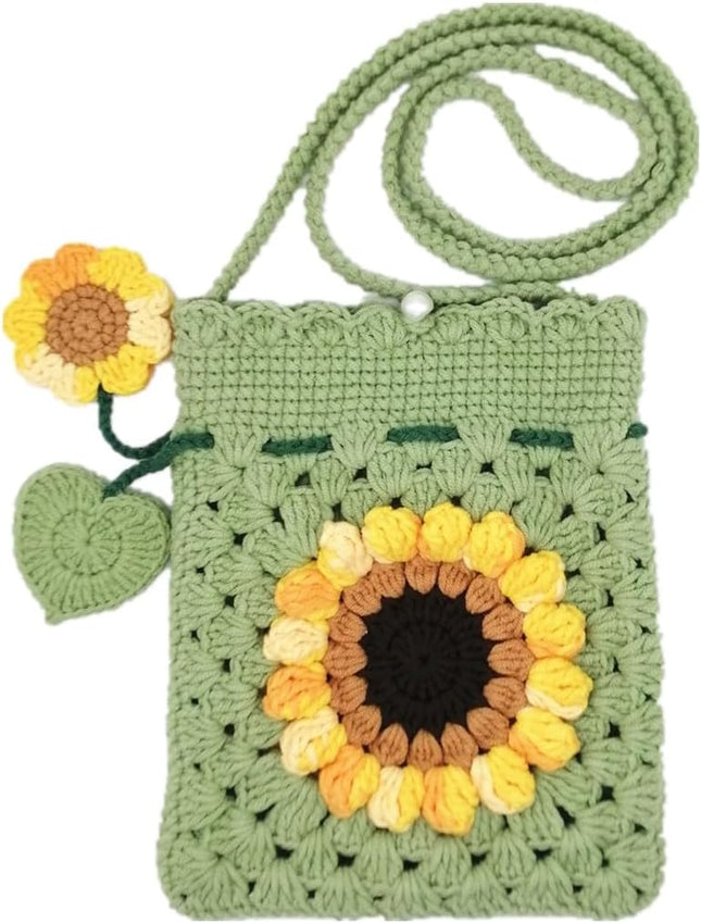 Green Crochet Sunflower Handbag for Women, Handmade Floral Shoulder Purse