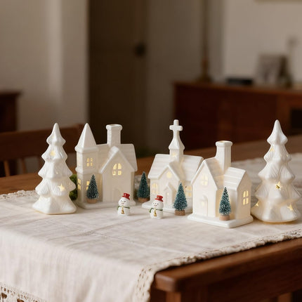 Christmas Decorations Indoor 11 Pcs Ceramic Christmas Village Set 3 Lighted Houses & 2 Lighted Pieces