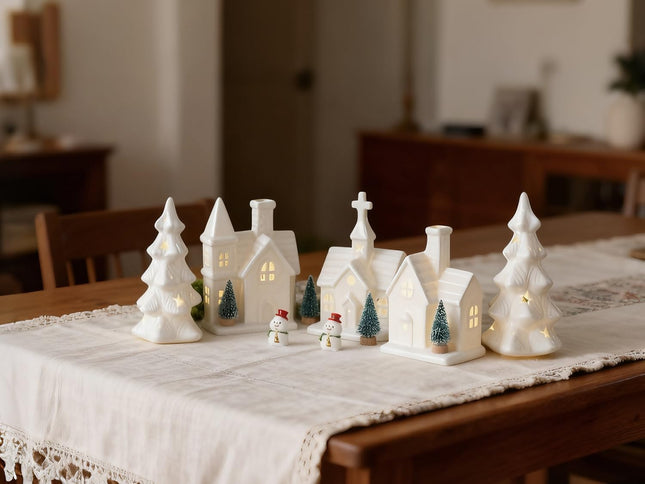 Christmas Decorations Indoor 11 Pcs Ceramic Christmas Village Set 3 Lighted Houses & 2 Lighted Pieces