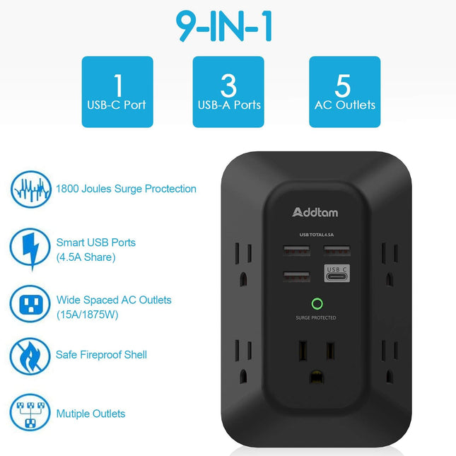 USB Wall Charger Surge Protector – 5 Outlet Extender, 4 USB Ports, 1800J Power