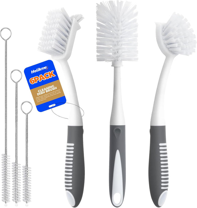 6 Pack Dish Brush Set Bottle Scrub Brush Straw Brushes Kitchen Cleaning Gray